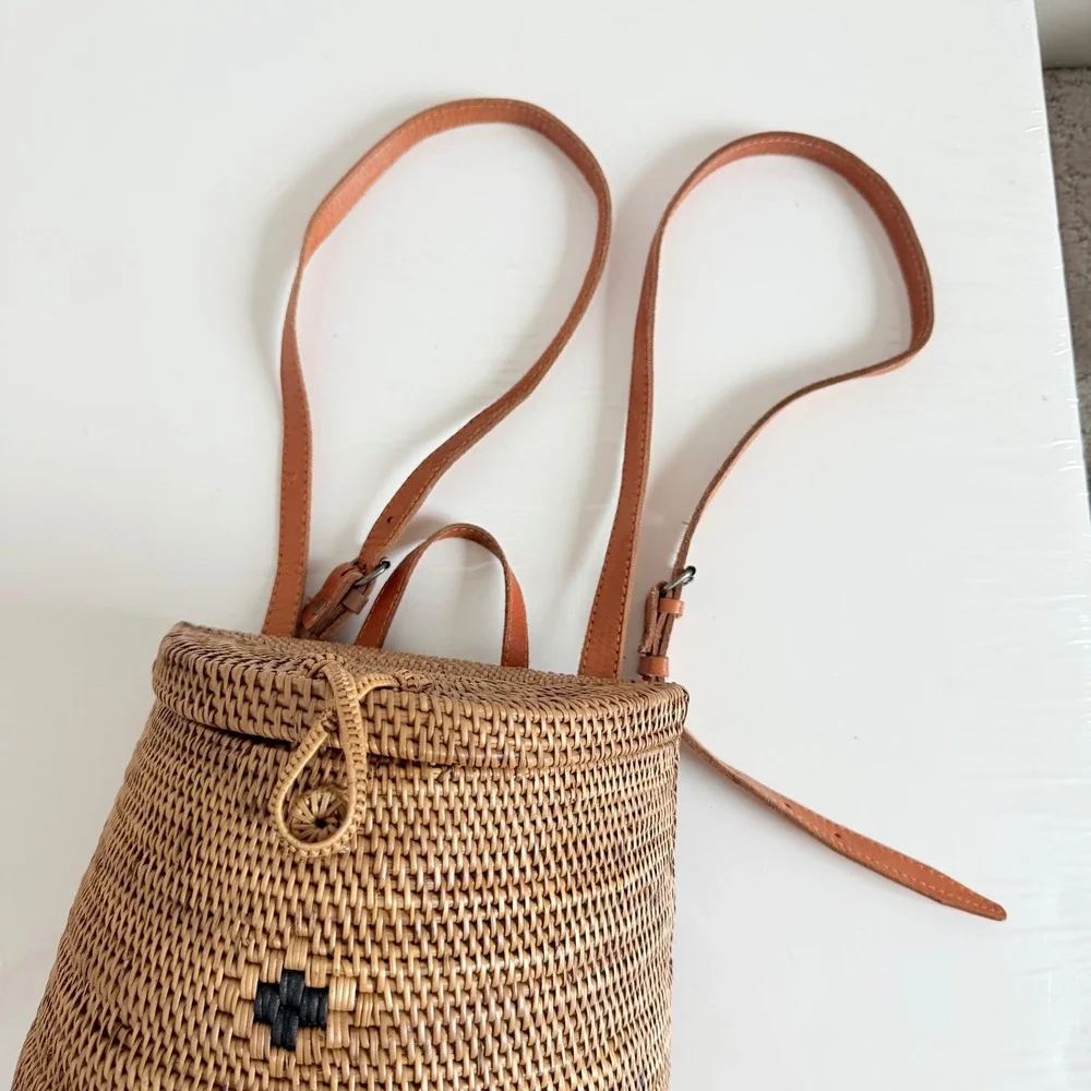 Woven Wicker‎ Leather Strap Mini Backpack